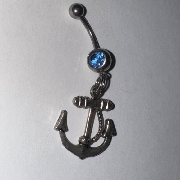 Large Anchor with Rope and Light Blue Gem Dangle Belly Ring - Picture 15 of 16
